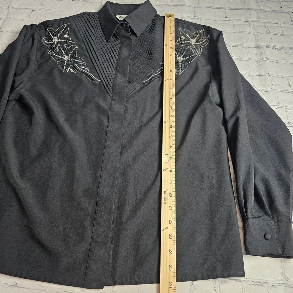 Yves St Clair‎ Black Embroidered Beaded Blouse Long Sleeve Vintage Size 12